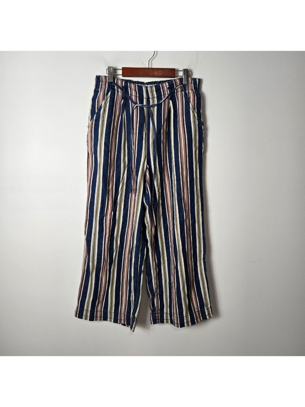 American Eagle Size 4 Striped Cropped Wide Leg Pants with Pockets blue pink